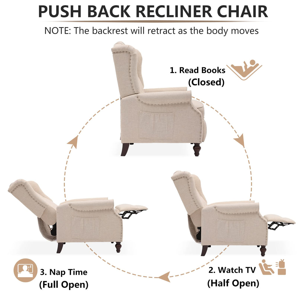 IPKIG Wingback Pushback Recliner Chair - Mid Century Recliner Armchair with Massage and Heat, Rivet Decoration, Button-Tufted Back, Solid Wood Legs for Living Room, Bedroom, Office(Beige)