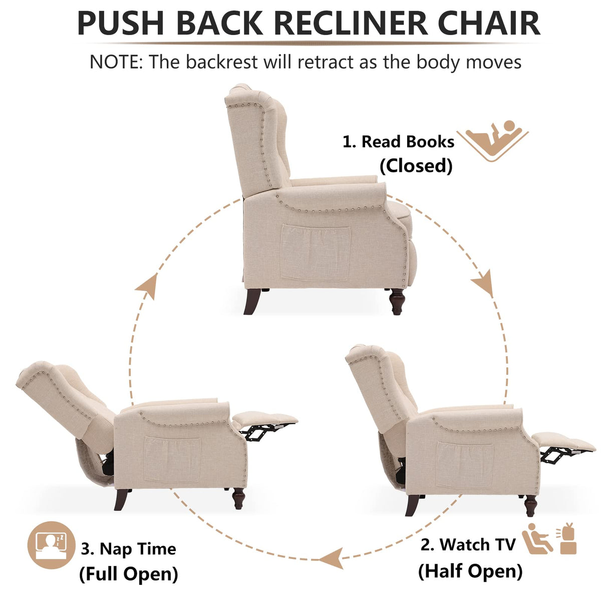 IPKIG Wingback Pushback Recliner Chair - Mid Century Recliner Armchair with Massage and Heat, Rivet Decoration, Button-Tufted Back, Solid Wood Legs for Living Room, Bedroom, Office(Beige)