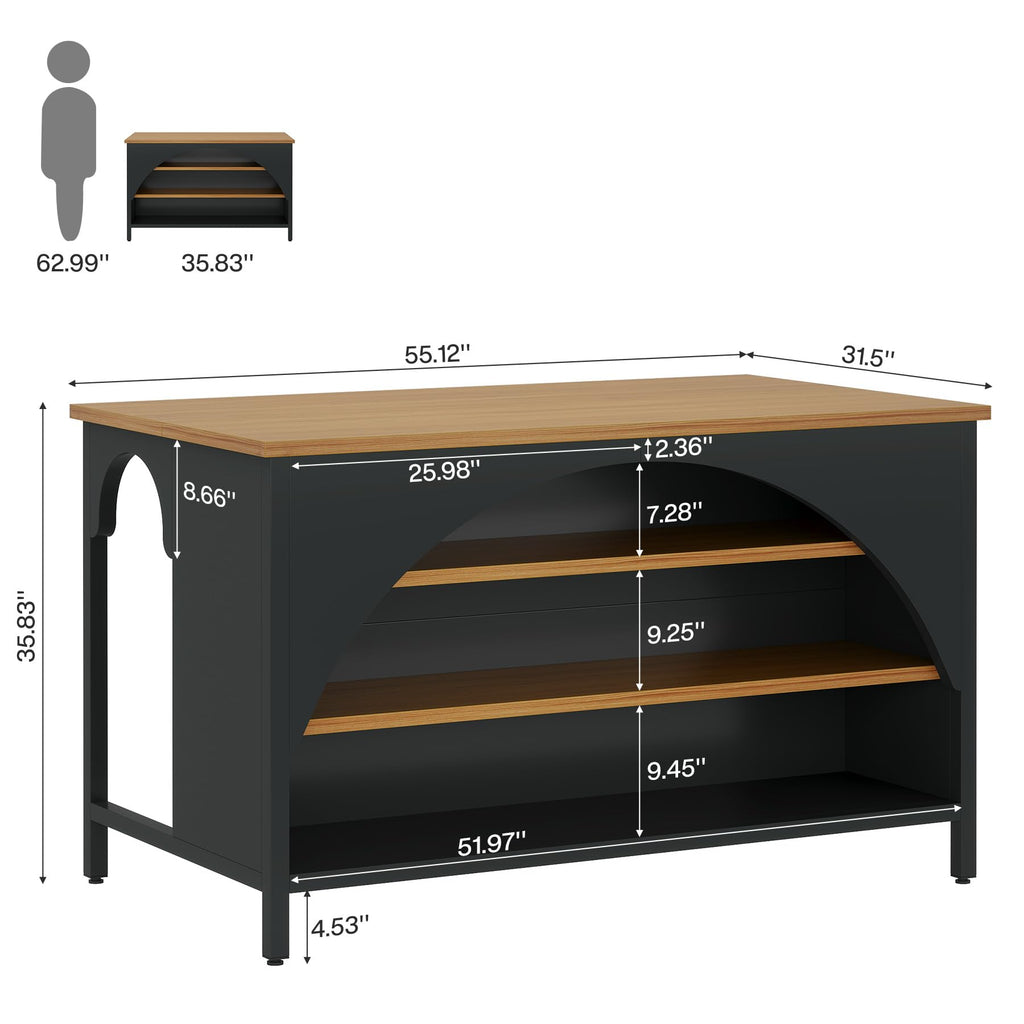 Tribesigns Kitchen Island with 3 Storage Shelves, 55" W Kitchen Shelf with Large Countertop and Seating Area, Modern Wooden Coffee Bar Table (White)