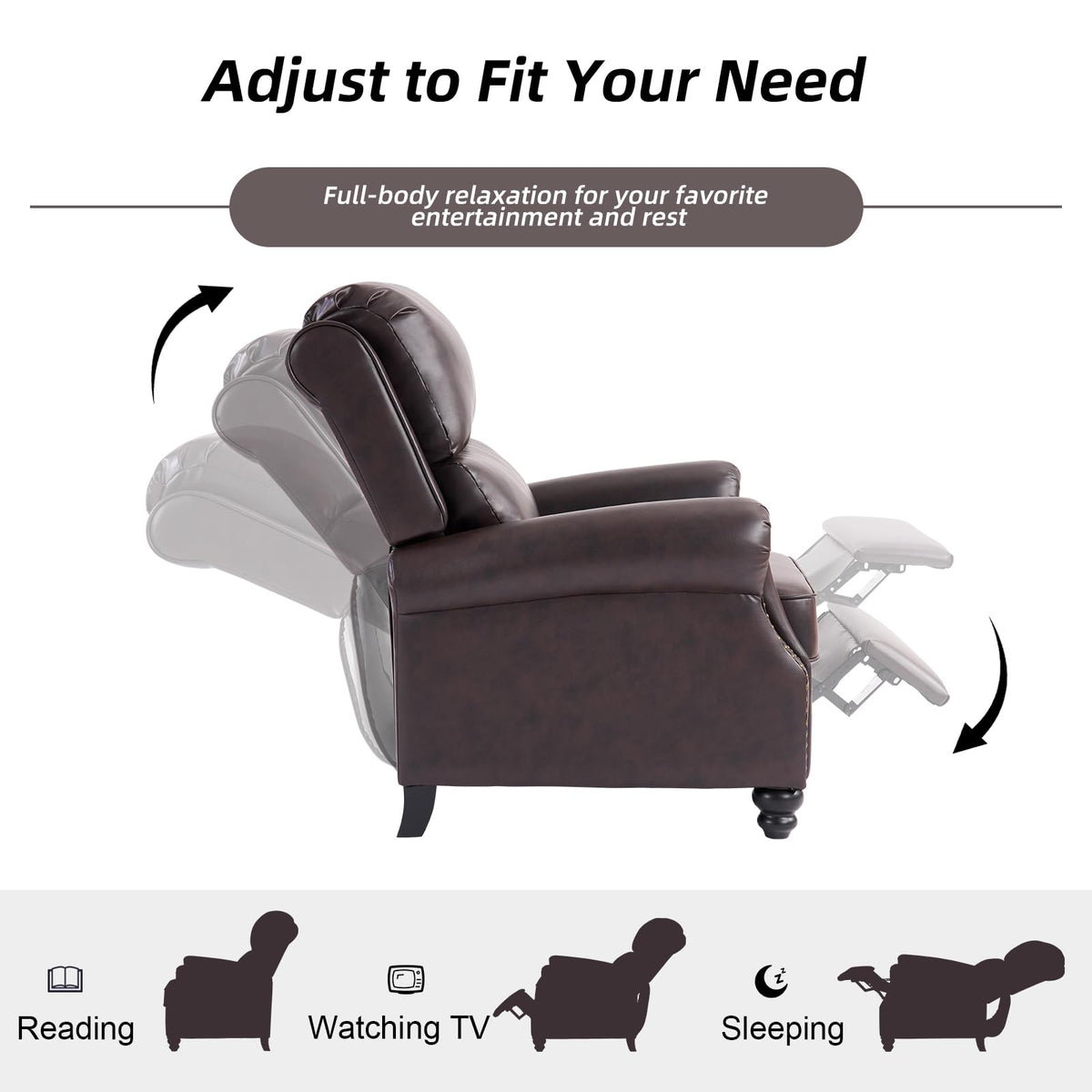 CANMOV Pushback Recliner Chair Faux Leather Armchair Push Back Recliner with Rivet Decoration Single Sofa Accent Chair for Living Room, Chocolate