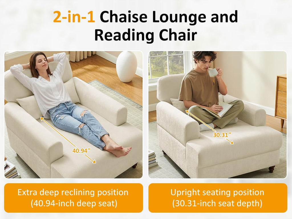 Oversized Chaise Lounge Chair with Adjustable Backrest, Polyester White