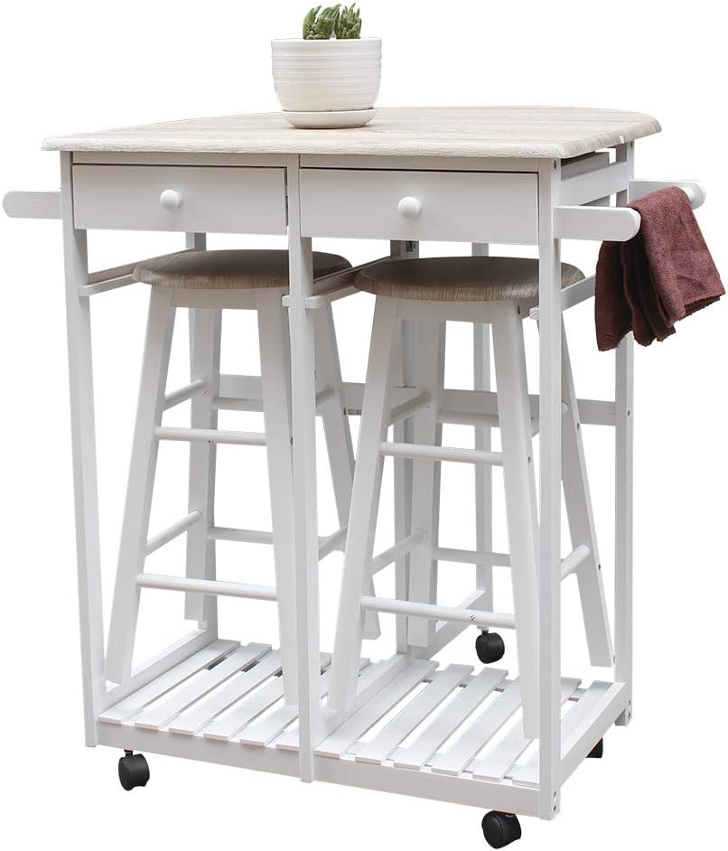 FCH Drop Leaf Dining Table with Chair Sets for Small Kitchen 3 PCS Wooden Kitchen Trolley Cart with Wheels 2 Round Bar Stools and 2 Drawers for 2 Person