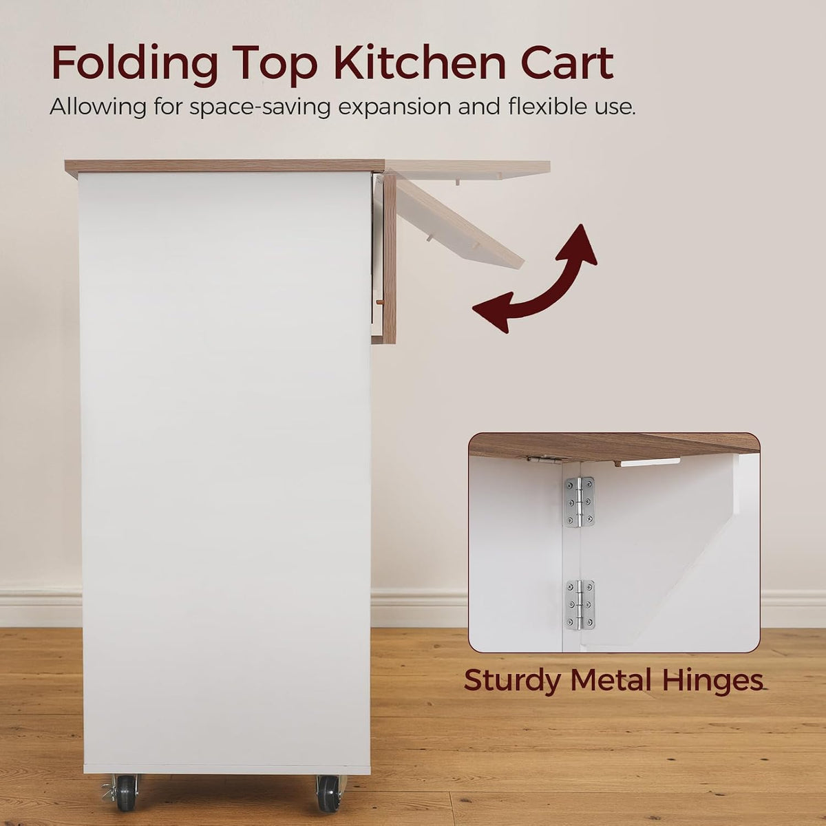MAHANCRIS Kitchen Island on Wheels with Drop Leaf, Folding Countertop Kitchen Island Cart, Kitchen Island Table with Towel Rack, Drawer, for Kitchen, Dining Room, White and Walnut KIBZ12501