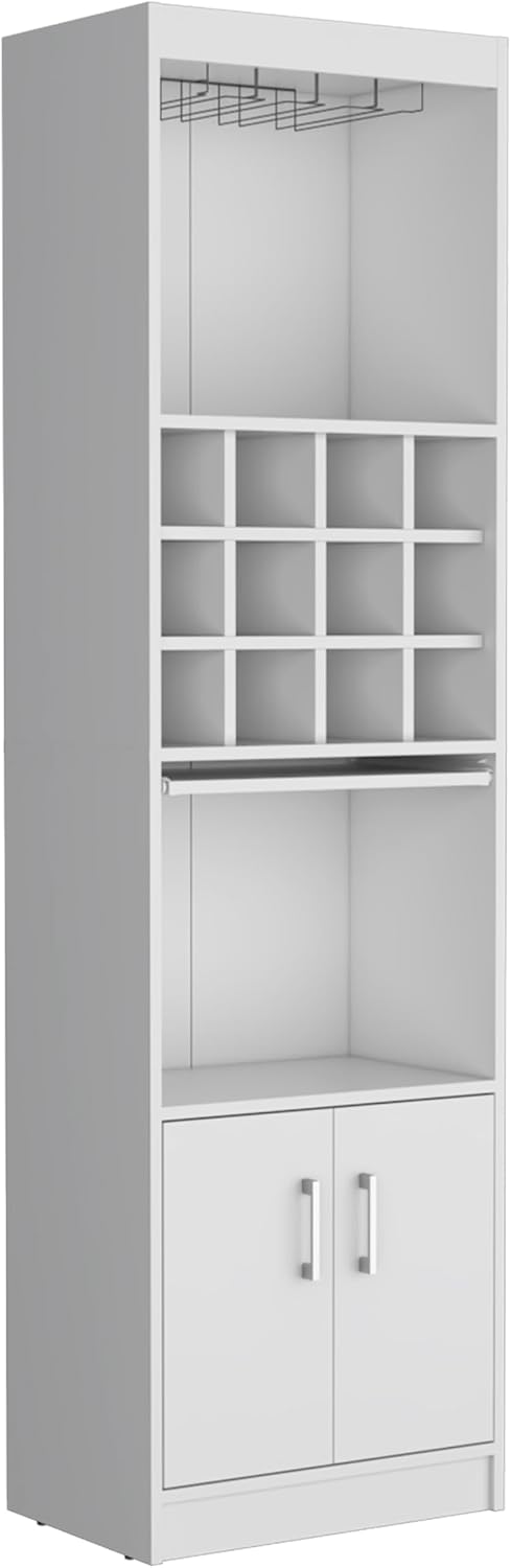 71" Modern Tall Bar Cabinet with 2 Doors Cabinet, 5-Tier Bistro Organizer with 12-Bottle Wine Rack & 12 Stemware Slots, Versatile Liquor Cabinets with Pull-Out Tray for Bar Kitchen Living Room,White