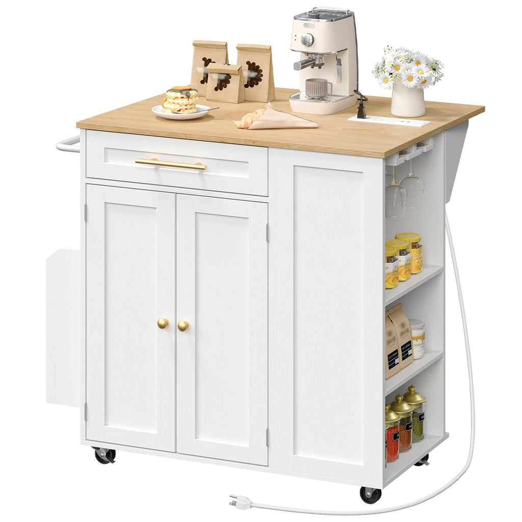 Kitchen Island with Storage, Rolling Kitchen Table with Drop Leaf, Charging Station, 3 Open Adjustable Shelf & Drawer, Towel Rack, Mobile Kitchen Cart for Dining Room, Black and Natural