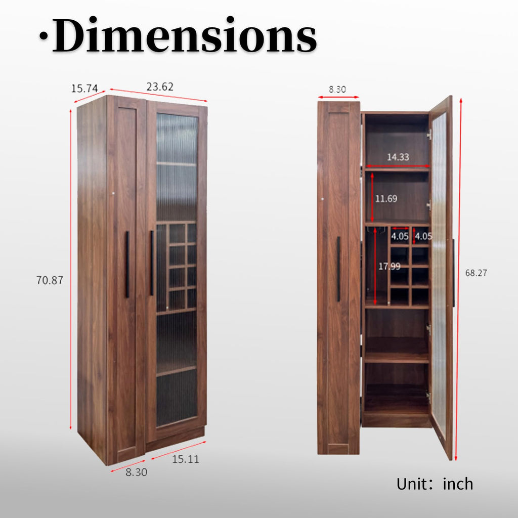 JOYSOURCE Kitchen Hutch Cabinet with 5-Tier Pull-Out Storage Shelves Tall Kitchen Pantry Wine Cabinet Slim Liquor Cabinet with Reeded Glass Door Bottle Dividers & Stemware Rack White