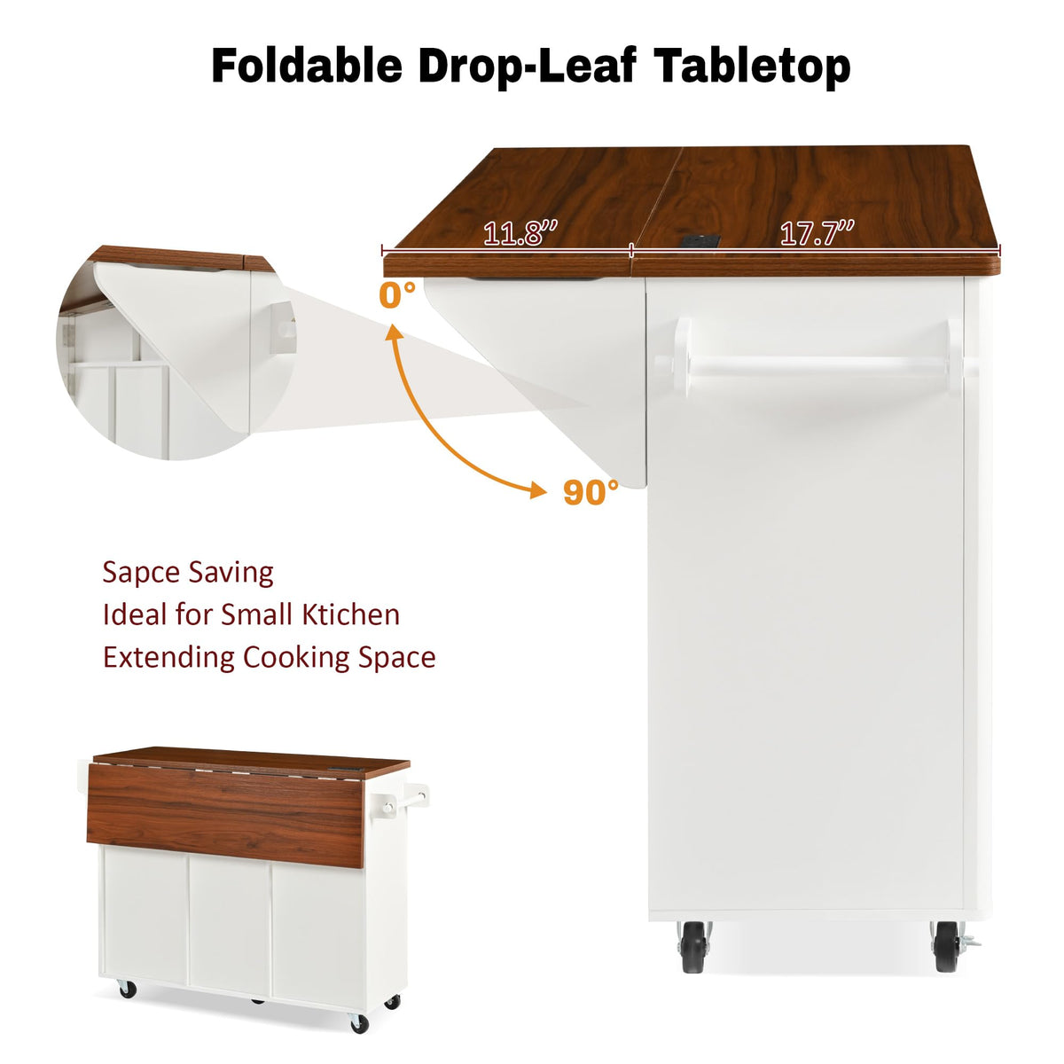 Large Fluted Kitchen Island Cart on Wheels with Storage, Natural