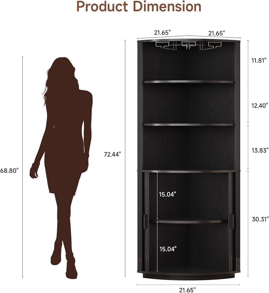 ComfyCorner 72" Tall Corner Bar Cabinet with LED Lights & Sliding Door