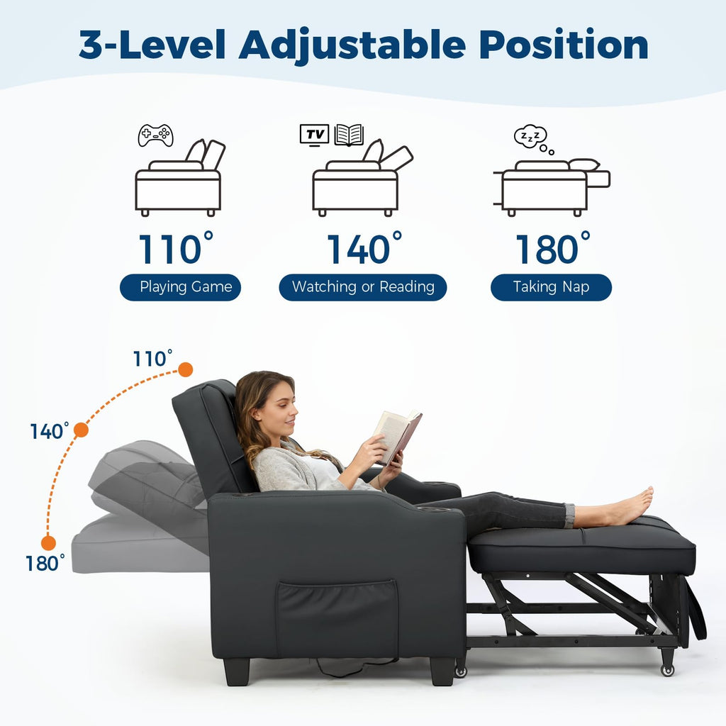 Sleeper Chair Pull Out Bed, 4 in 1 Convertible Sofa Chair Bed with Vibration Massage Lumbar Pillow, Single Sofa Recliner with USB/Type-C Port, Cup Holders and Side Pocket for Small Spaces (Black)