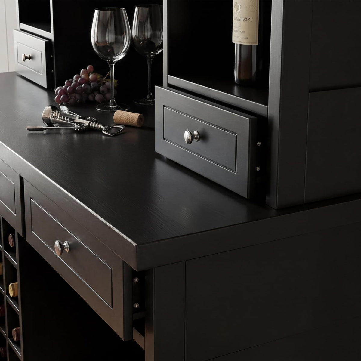Coffee Bar Cabinet with Mini Fridge Space, 77.5" Tall Liquor Cabinet with Hutch, Glass Holder & Wine Rack, Modern Home Bar Storage with 9 Drawers for Kitchen Dining, Black