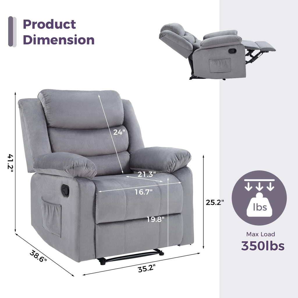 ANJ Manual Recliner Chair for Adults, Velvet Reclining Chair with Padded Arms and Overstuffed Backrest, Single Recliner Sofa for Living Room, Dark Brown