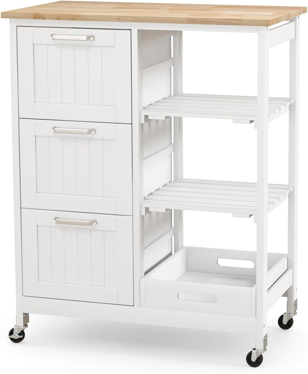 Small Kitchen Island, Kitchen Utility Cart on Wheels, Serving Cart with Drawers, Shelves, Tray, Rubber Wood Tabletop, Kitchen Rolling Cart with Storage for Dining Room, Bar (White)