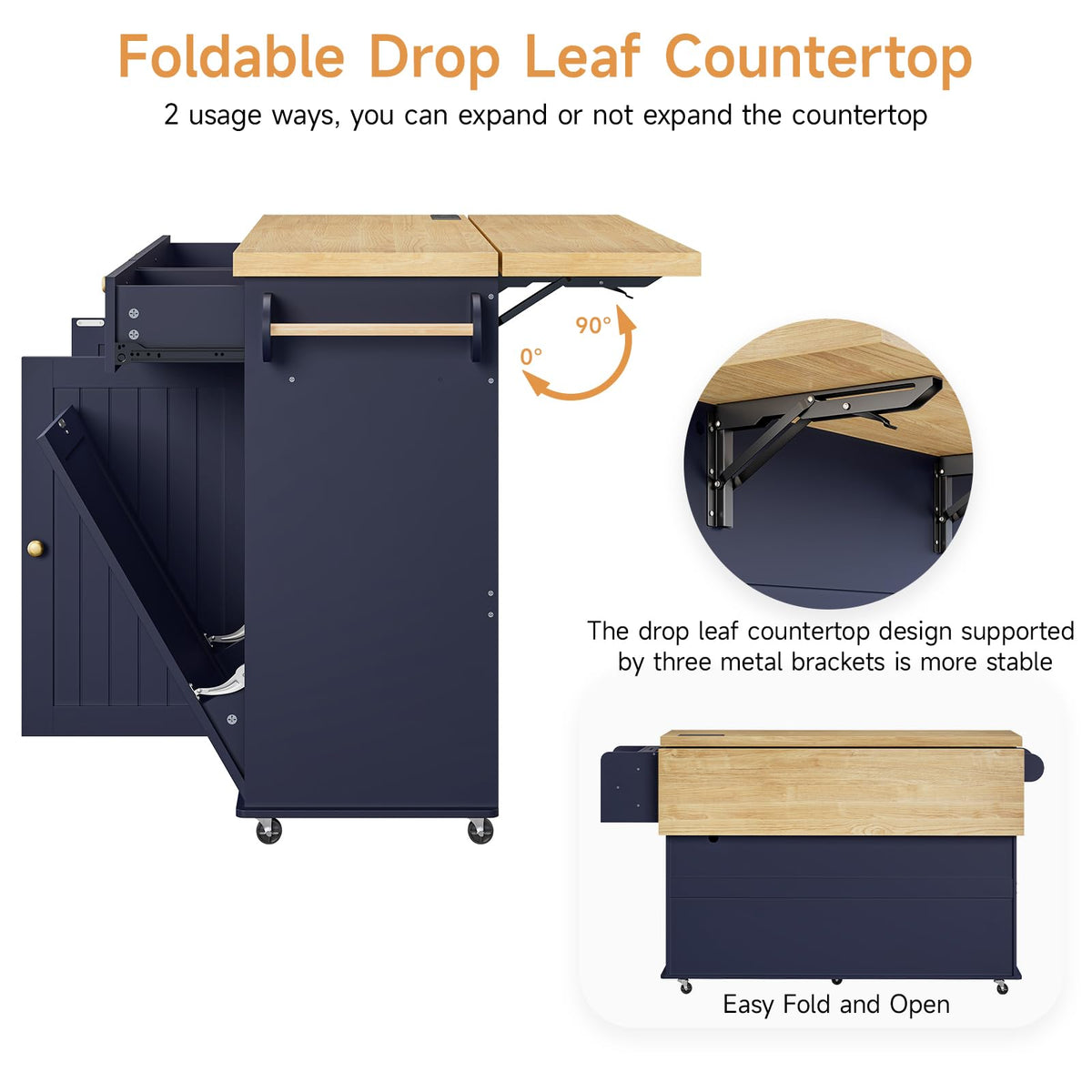 ONBRILL 60" Kitchen Island with Trash Can Storage, Rolling Island Table