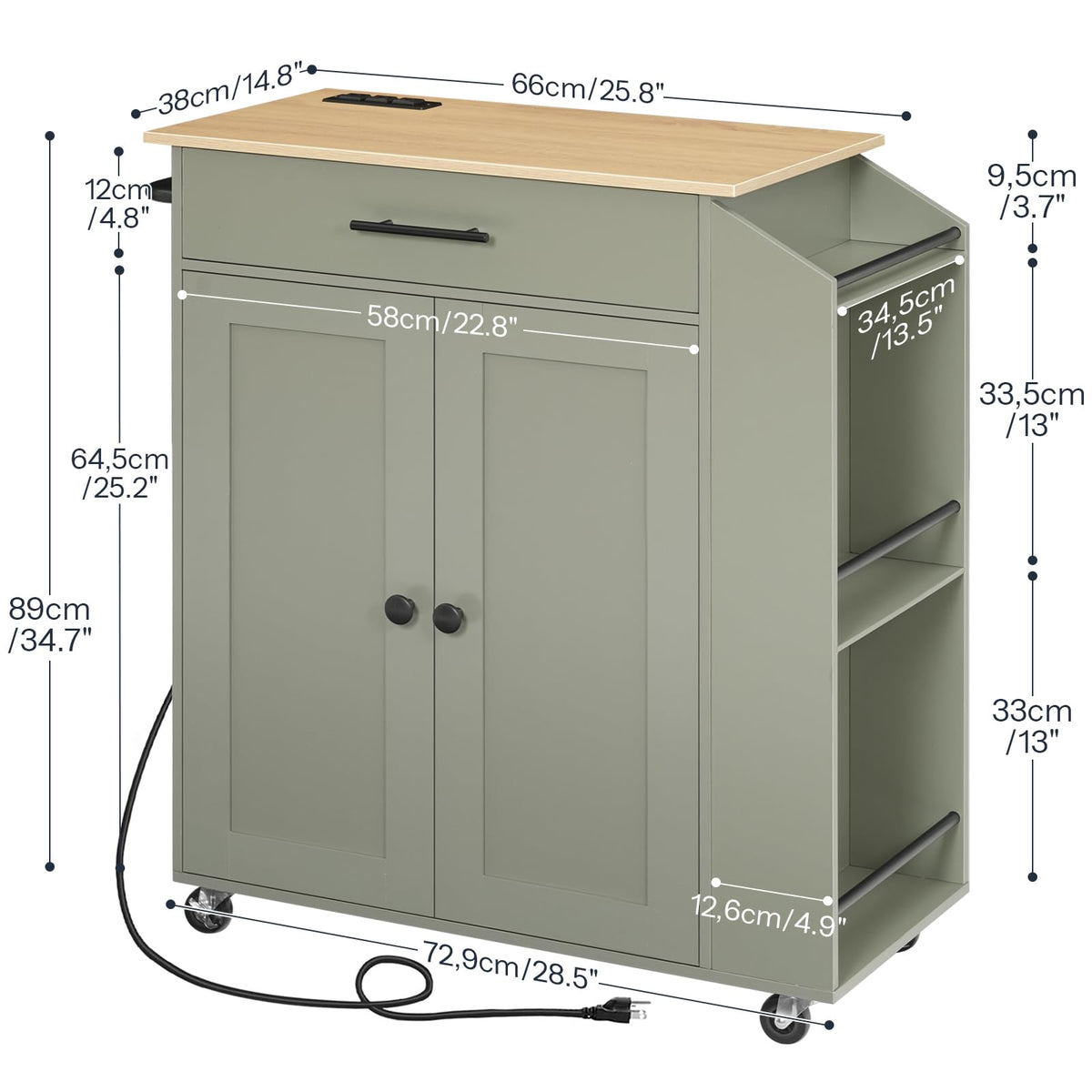 HOOBRO Kitchen Island with Power Outlet, Storage Island with Spice Rack and Drawer, Rolling Kitchen Cart on Wheels, for Home, Dining Room, Rustic Brown and Black