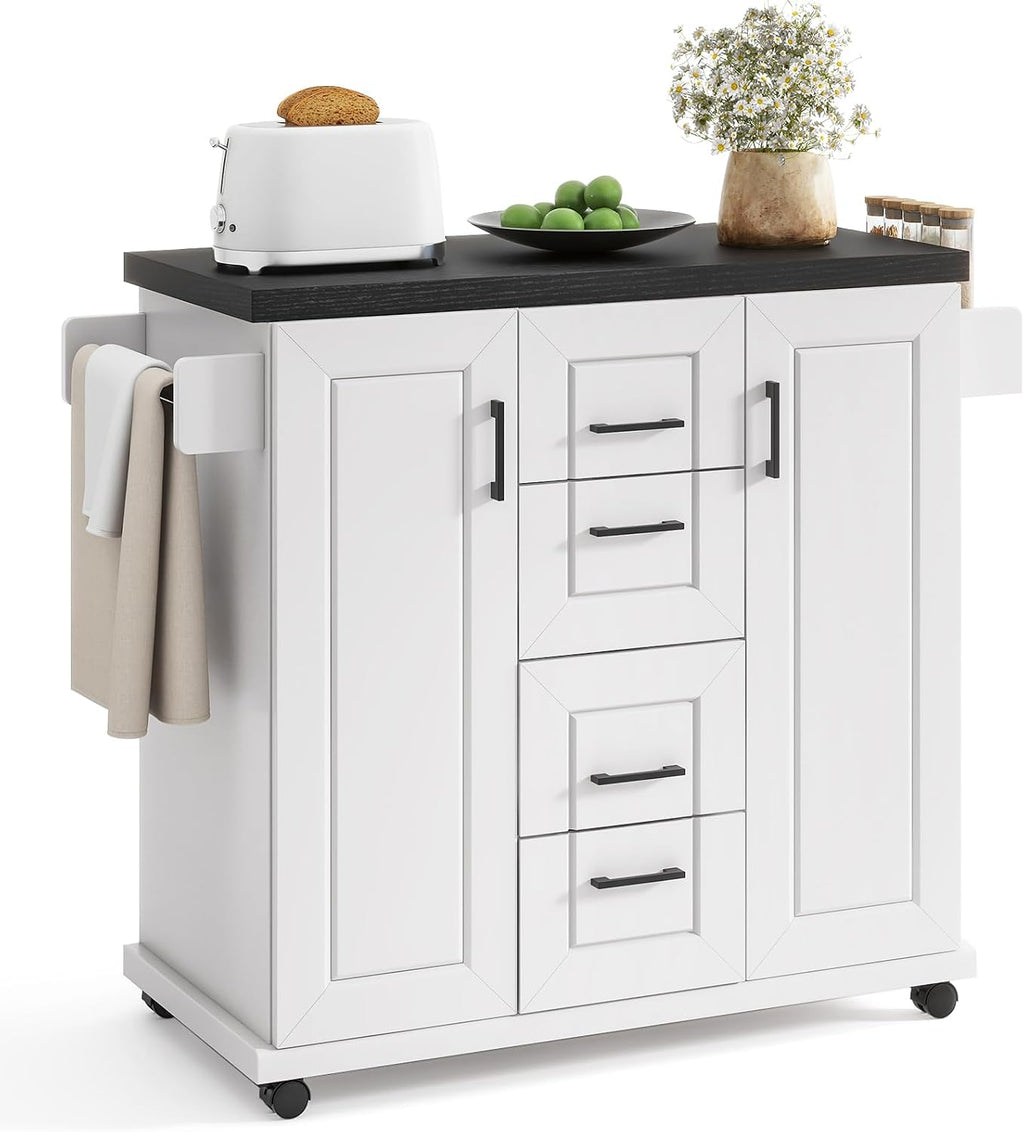 GOFLAME Kitchen Island Cart on Wheels, Rolling Kitchen Cart with Storage Cabinets, 4 Drawers, Towel Rack and Spice Rack, Mobile Serving Trolley Cart for Kitchen, Dining Room, White