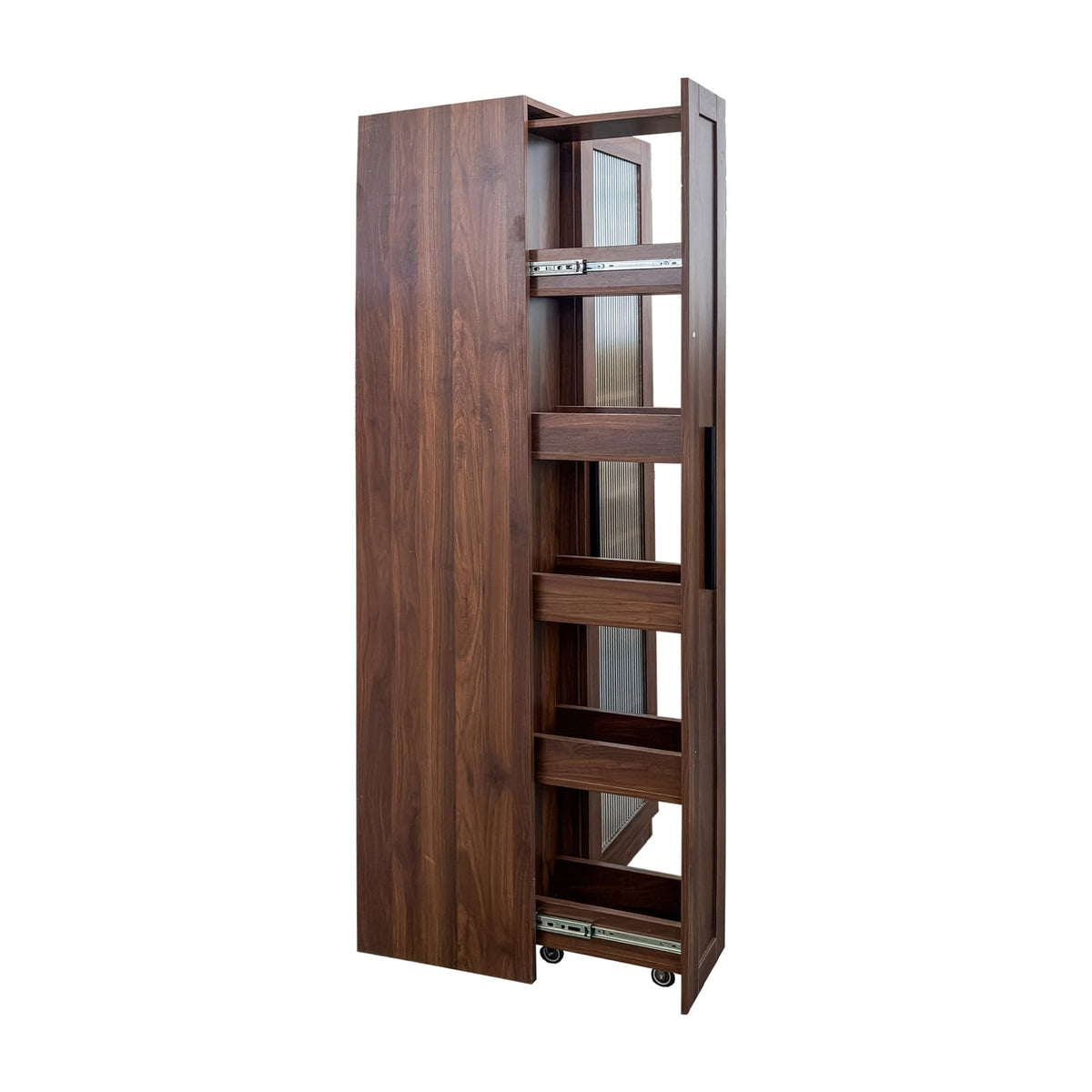 JOYSOURCE Kitchen Hutch Cabinet with 5-Tier Pull-Out Storage Shelves Tall Kitchen Pantry Wine Cabinet Slim Liquor Cabinet with Reeded Glass Door Bottle Dividers & Stemware Rack White