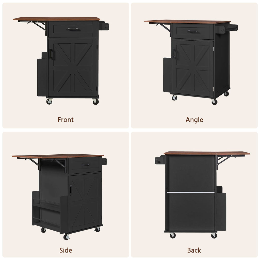 39.3"Farmhouse Kitchen Island with Open Side Rack and Drop Leaf and,Small Kitchen Rolling Cart with Drawer and Storage Cabinet, Narrow Mobile Dining Table with Lockable Wheels and Towel Rack White