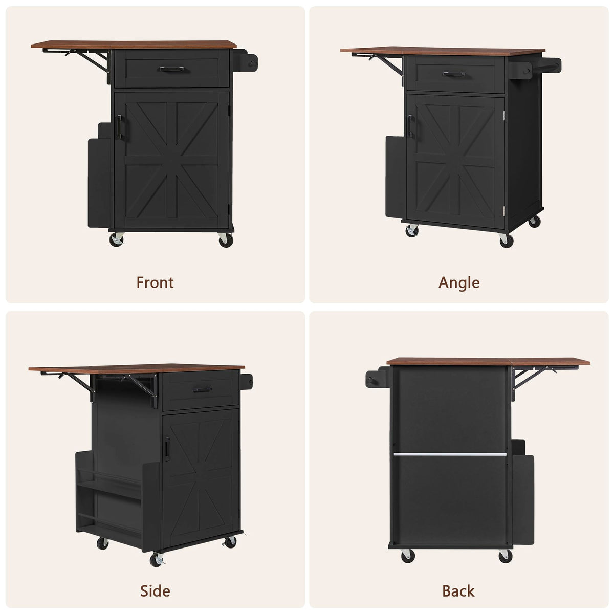 39.3"Farmhouse Kitchen Island with Open Side Rack and Drop Leaf and,Small Kitchen Rolling Cart with Drawer and Storage Cabinet, Narrow Mobile Dining Table with Lockable Wheels and Towel Rack White
