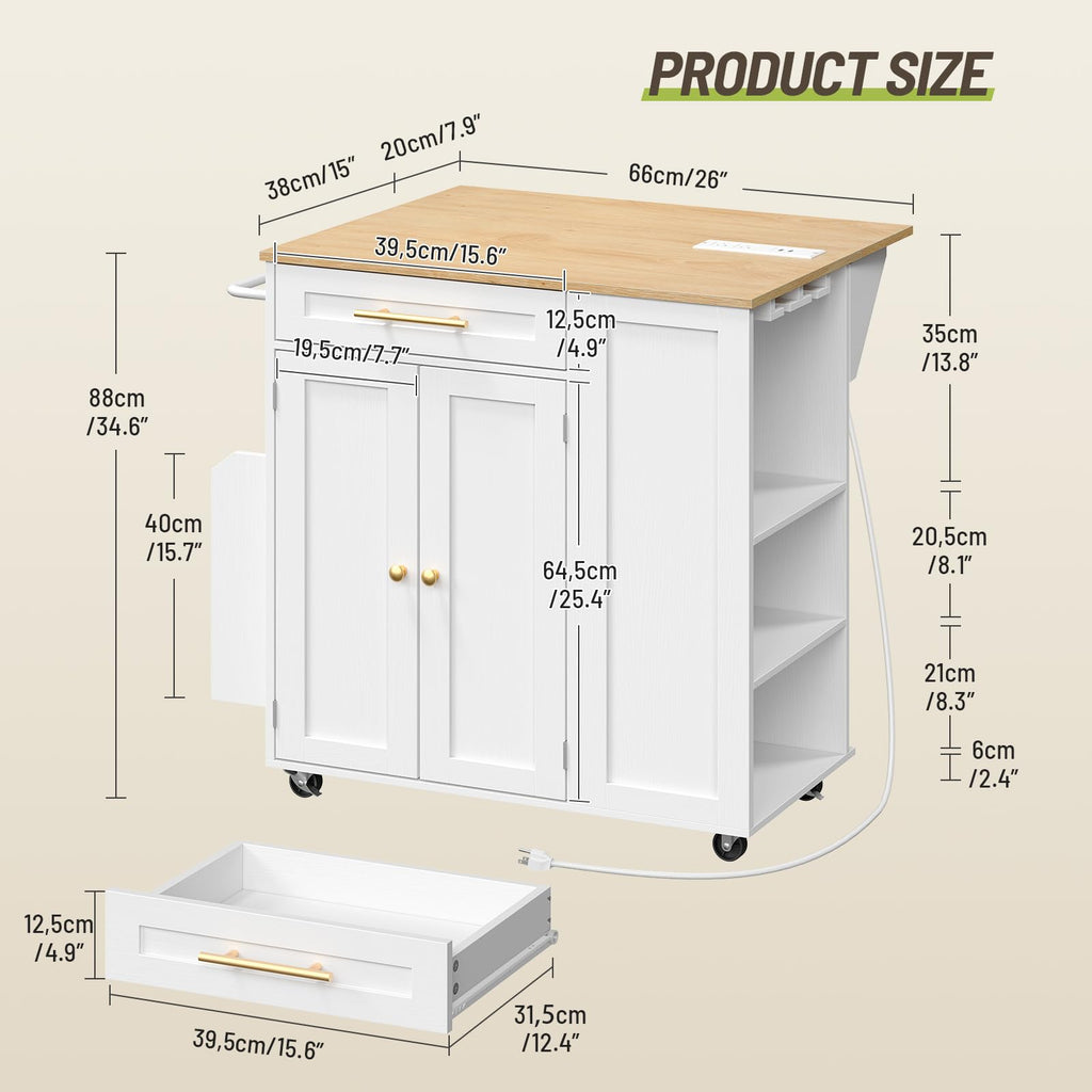 Kitchen Island with Storage, Rolling Kitchen Table with Drop Leaf, Charging Station, 3 Open Adjustable Shelf & Drawer, Towel Rack, Mobile Kitchen Cart for Dining Room, Black and Natural
