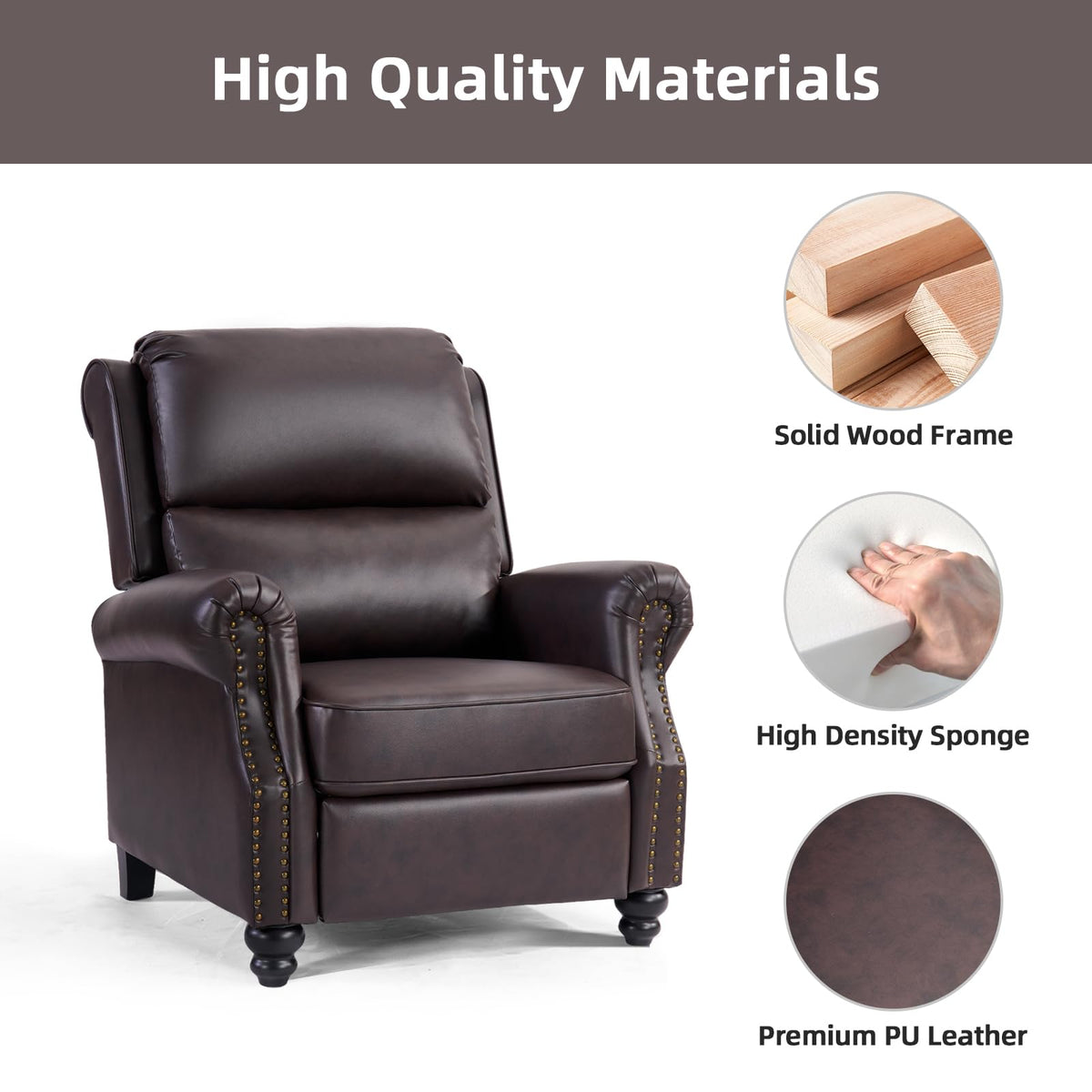 CANMOV Pushback Recliner Chair Faux Leather Armchair Push Back Recliner with Rivet Decoration Single Sofa Accent Chair for Living Room, Chocolate