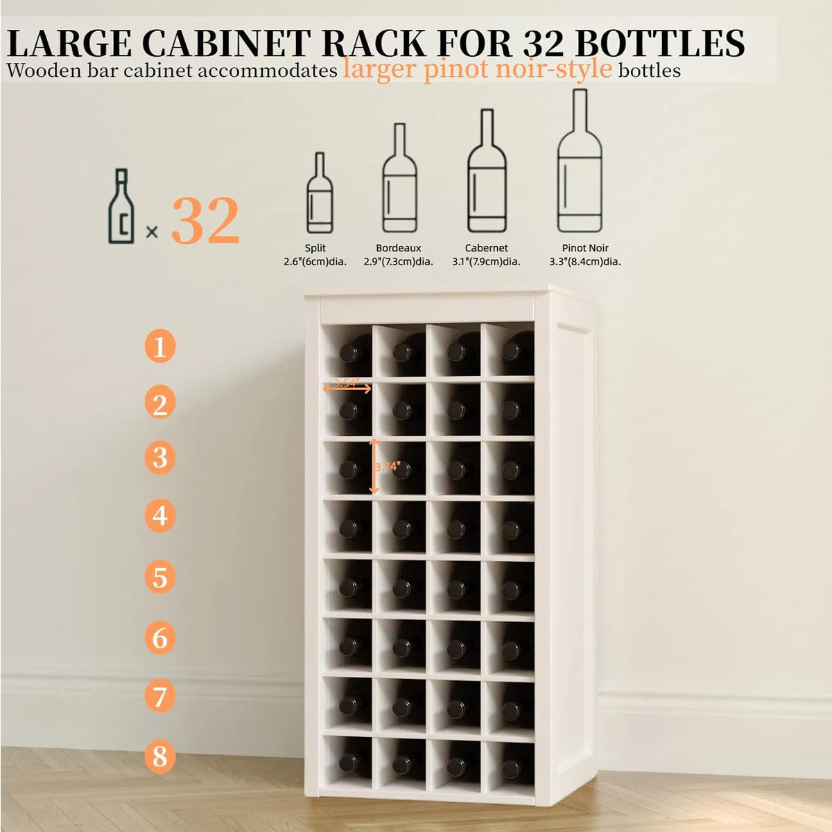 WERSMT 8-Tier Freestanding Wine Rack Wood, 32 Bottles Wine Rack Counter for Small Space, Farmhouse Stackable Modular Wine Bottle Holder Rack, White