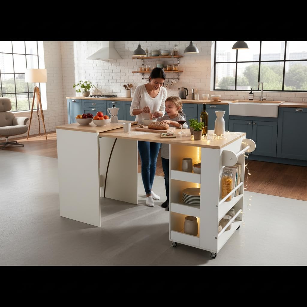 EROMMY 52" Extendable Kitchen Island with Faux Marble Top, Rolling Kitchen Cart with Pull-Out Dining Table, Spice Rack, Towel Bar, Mobile Breakfast Bar Station with Storage for Small Space (White)