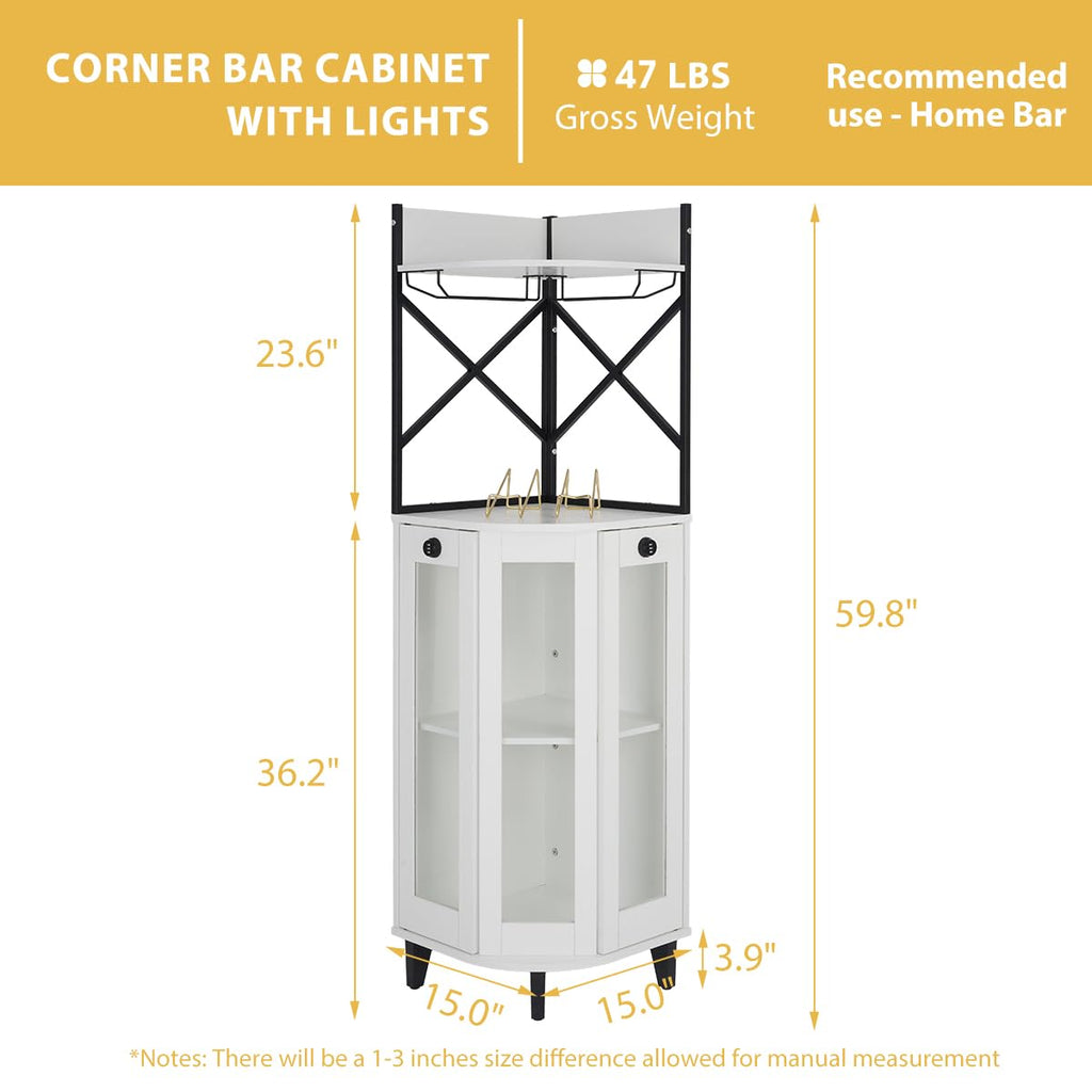 COCO DESIGN All Black Corner Wine Cabinet, Lockable Glass Door with Light