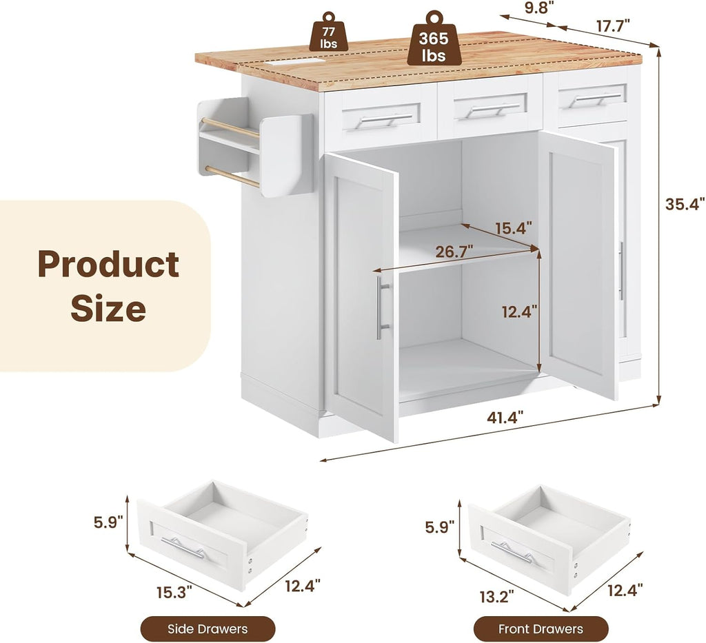 Dripex 41.5'' Kitchen Island with Power Outlet, Trash Cabinet & Storage
