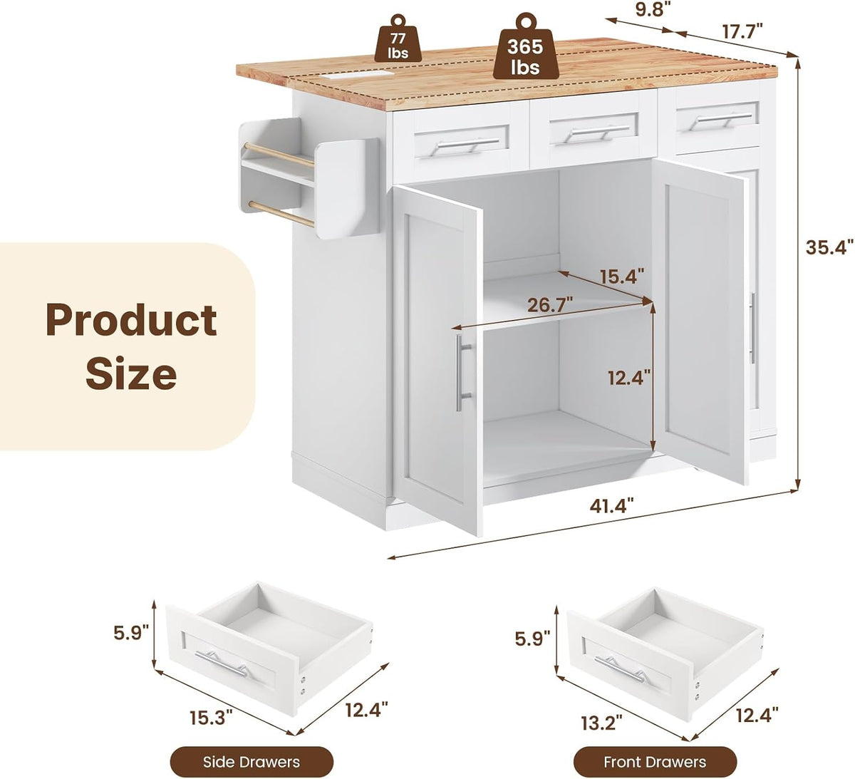 Dripex 41.5'' Kitchen Island with Power Outlet, Trash Cabinet & Storage