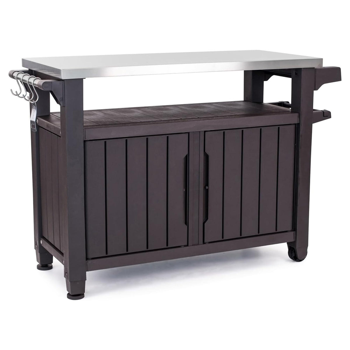 Keter Unity XL Portable Outdoor Table with Stainless Steel Top for Kitchen Prep and Outdoor Storage Cabinet for Grilling Accessories, Dark Grey