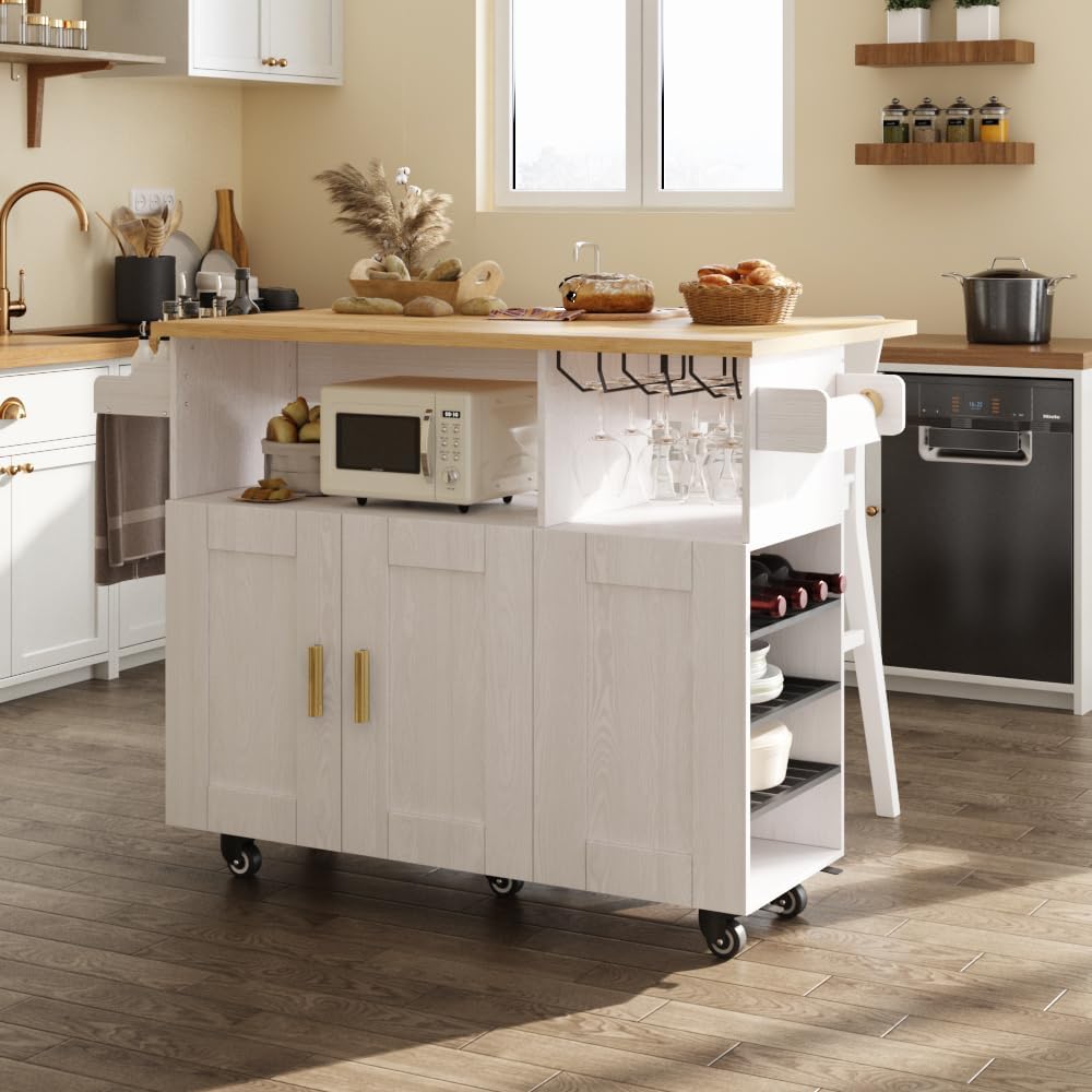 ASTRONAPE Rolling Kitchen Island Cart with Storage, Mobile Kitchen Island with Power Outlet, Large Wood Top, Drawers & Cabinets for Dining Room (White, Model 1)