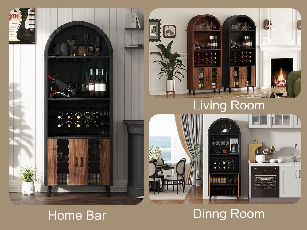 NicBex 71" Farmhouse Arched Bar Cabinet with Wine Rack, Black Wine Cabinet