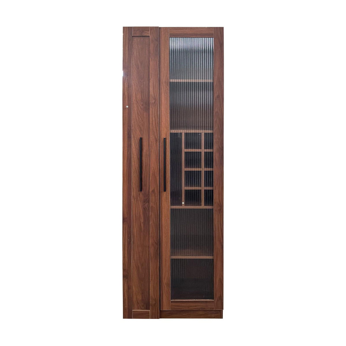 JOYSOURCE Kitchen Hutch Cabinet with 5-Tier Pull-Out Storage Shelves Tall Kitchen Pantry Wine Cabinet Slim Liquor Cabinet with Reeded Glass Door Bottle Dividers & Stemware Rack White