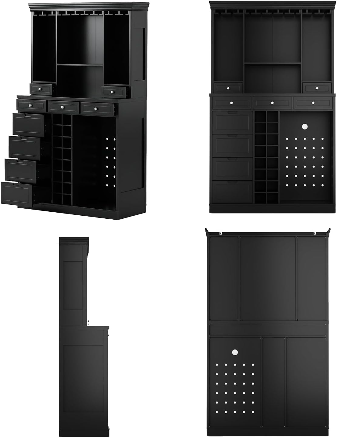 Coffee Bar Cabinet with Mini Fridge Space, 77.5" Tall Liquor Cabinet with Hutch, Glass Holder & Wine Rack, Modern Home Bar Storage with 9 Drawers for Kitchen Dining, Black