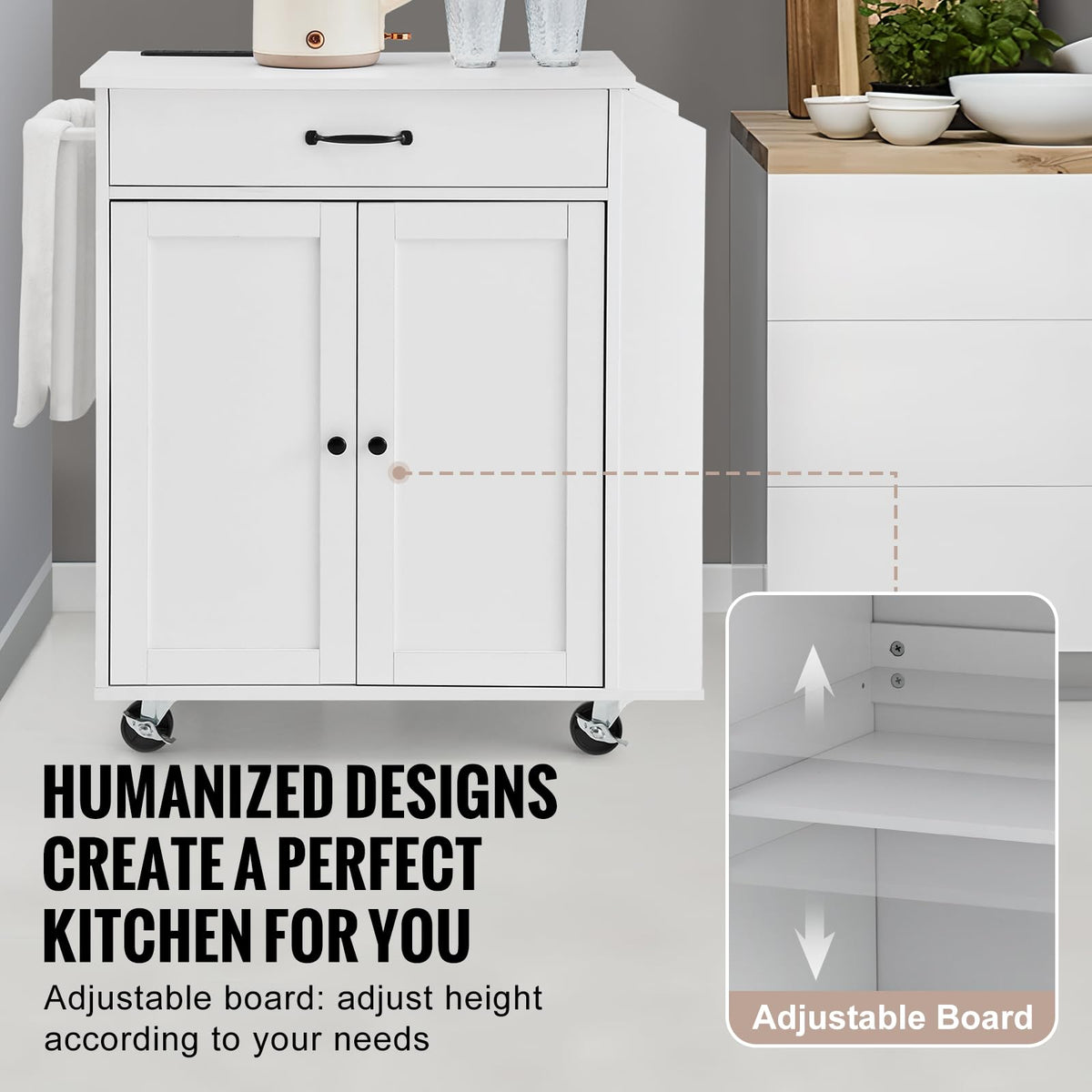 VEVOR Kitchen Island Cart with Storage, 47.64 in Wide Mobile Rolling Storage Island on Swivel Wheels, with 2 Drawers, Storage Cabinet, Drop Leaf, Towel Rack, Table for Home Dining Room, White