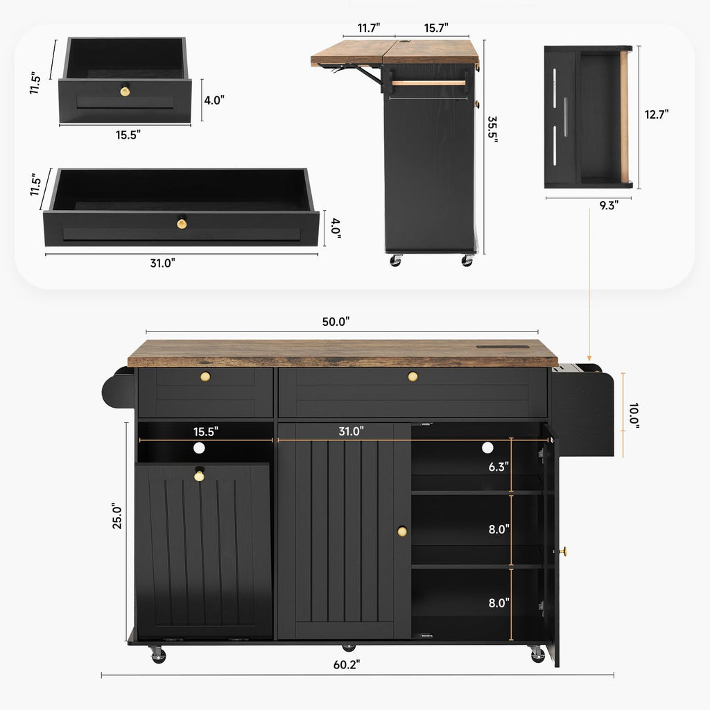 ComfyCorner 60" Rolling Large Kitchen Island on Wheels with Extendable Table, Drop Leaf & Power Outlet, Mobile Kitchen Cart with Storage Cabinet, 2 Drawers, Spice Rack, Towel & Knife Holder, Green