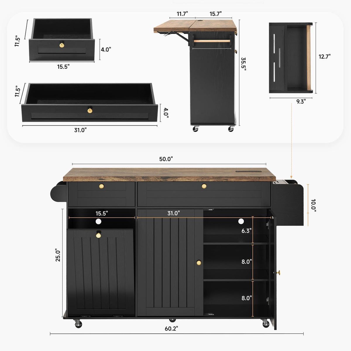 ComfyCorner 60" Rolling Large Kitchen Island on Wheels with Extendable Table, Drop Leaf & Power Outlet, Mobile Kitchen Cart with Storage Cabinet, 2 Drawers, Spice Rack, Towel & Knife Holder, Green