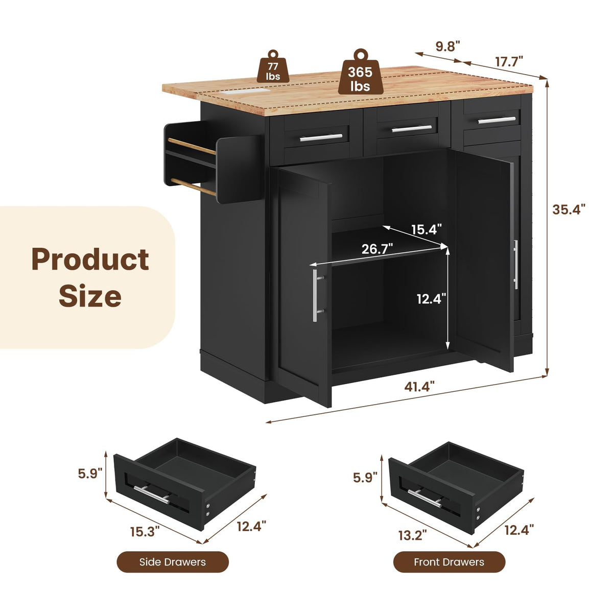 Dripex 41.5'' Kitchen Island with Power Outlet, Trash Cabinet & Storage