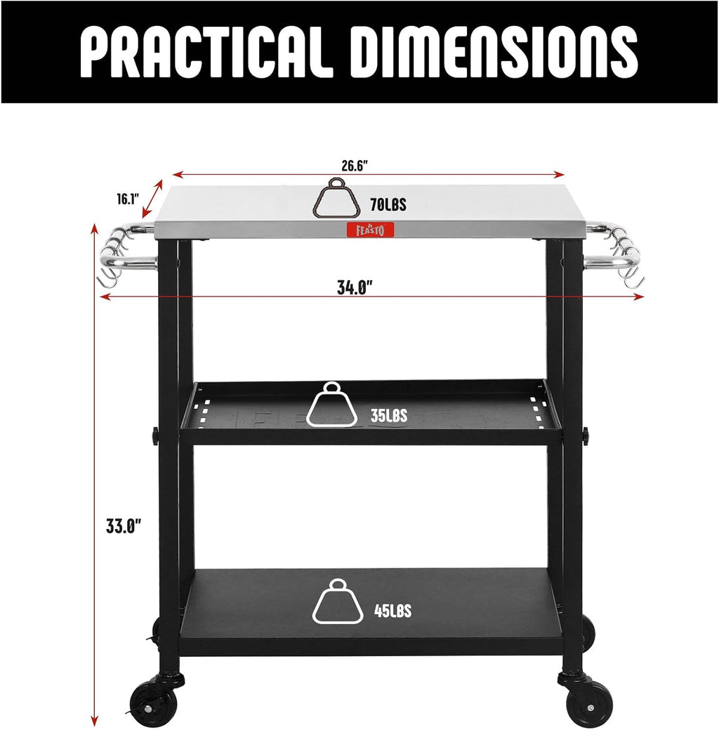 Feasto 3-Tier Outdoor Grill Cart, 26.6" x 16.1" Rolling Pizza Oven Table