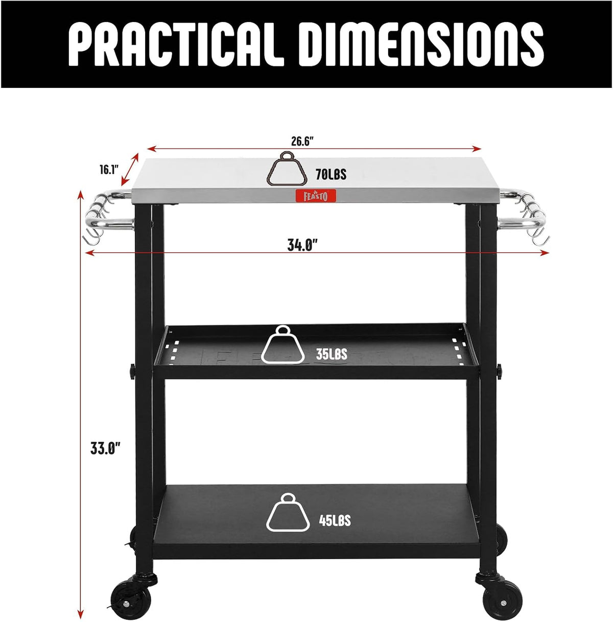 Feasto 3-Tier Outdoor Grill Cart, 26.6" x 16.1" Rolling Pizza Oven Table