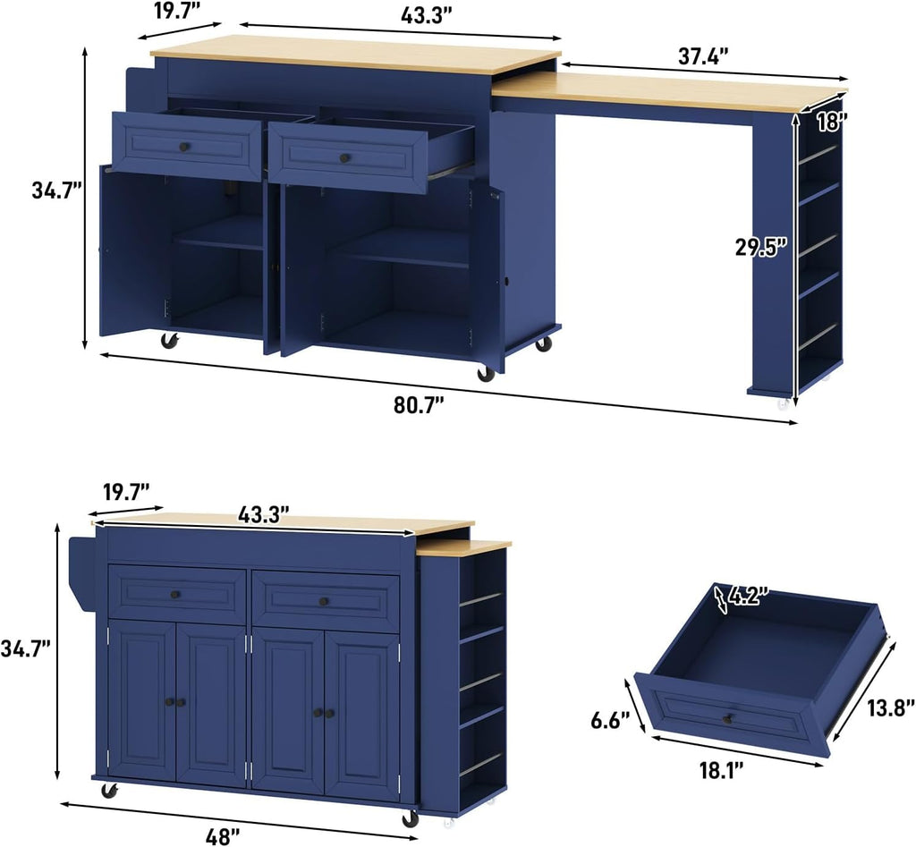 80"-48" Extendable Kitchen Island with Extended Dining Table and Power Outlet,Large Mobile Kitchen Storage Islands with 2 Storage Drawers,Rolling Islands Cart with 3 Extra Rows Open Shelves(Brown)