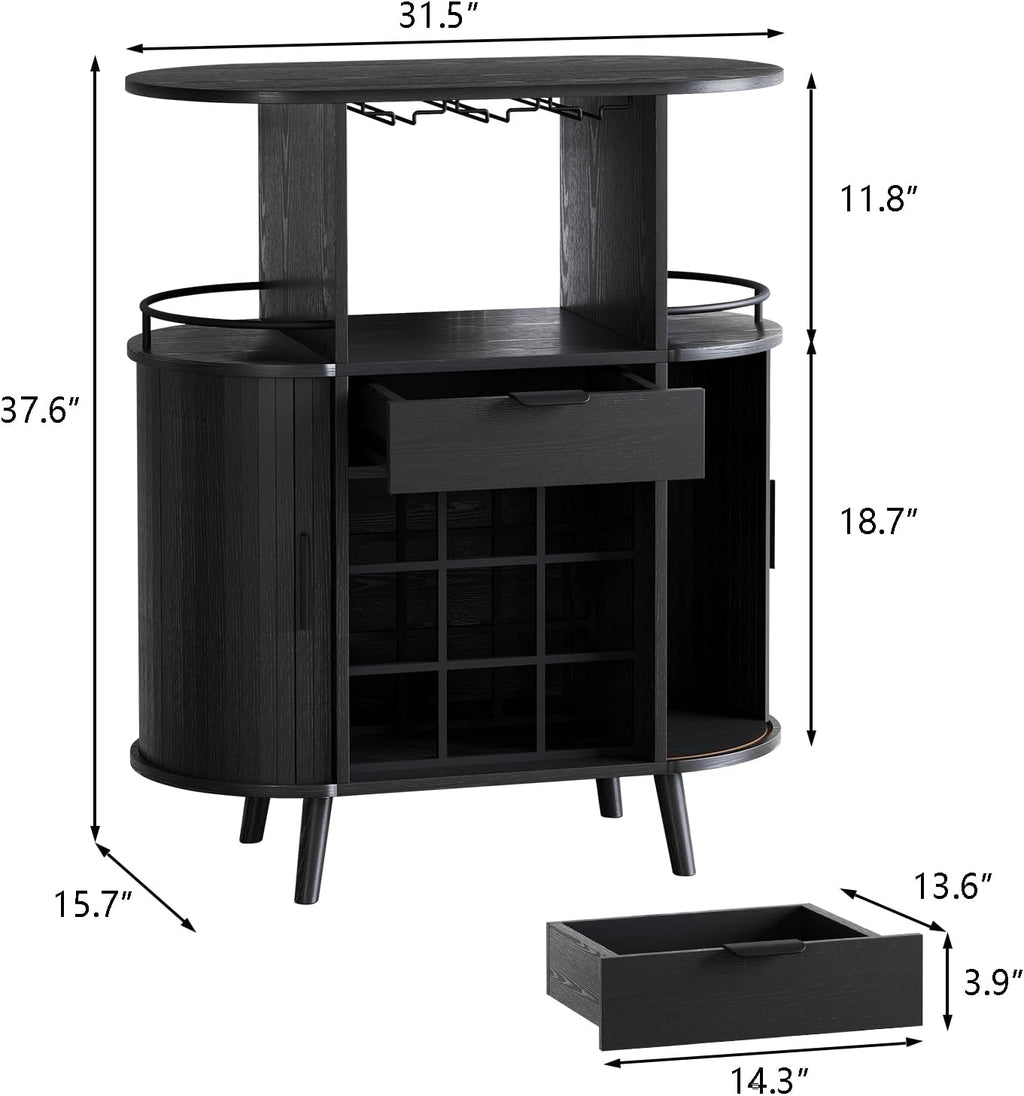 31.5" Black Bar Cabinet with Wine Rack & Sliding Door