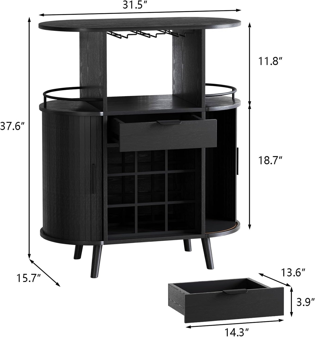 31.5" Black Bar Cabinet with Wine Rack & Sliding Door