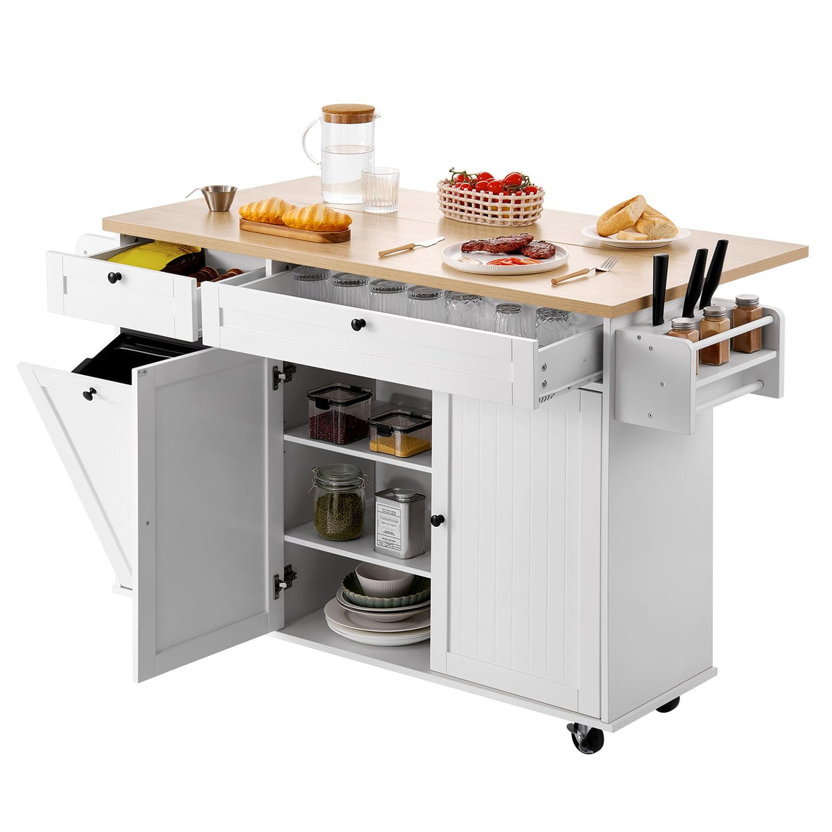 VEVOR Kitchen Island Cart with Storage, 47.64 in Wide Mobile Rolling Storage Island on Swivel Wheels, with 2 Drawers, Storage Cabinet, Drop Leaf, Towel Rack, Table for Home Dining Room, White