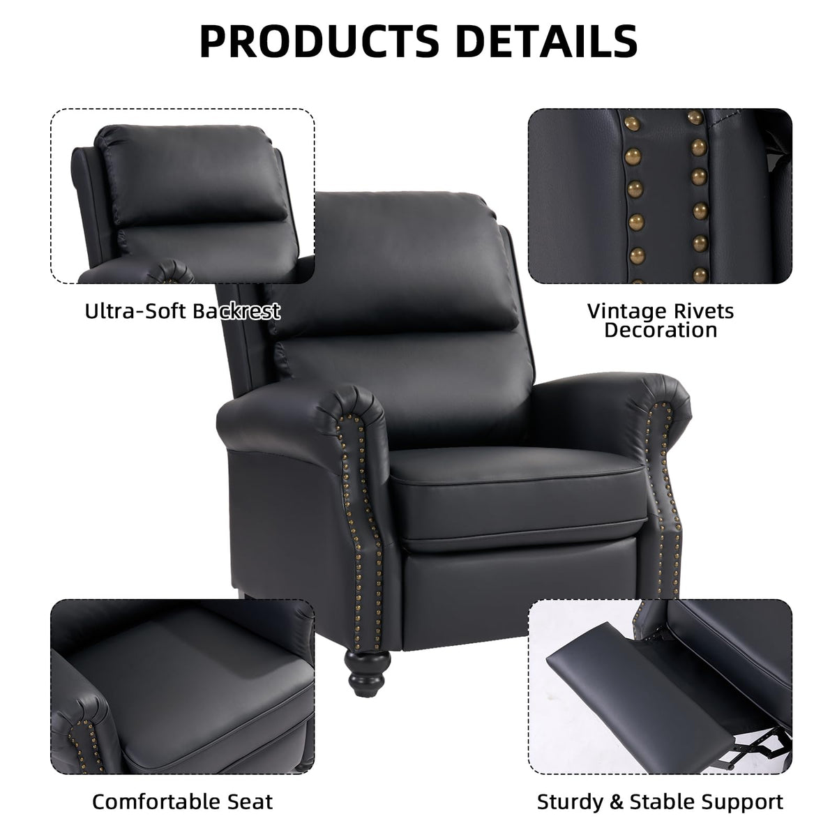 CANMOV Pushback Recliner Chair Faux Leather Armchair Push Back Recliner with Rivet Decoration Single Sofa Accent Chair for Living Room, Chocolate
