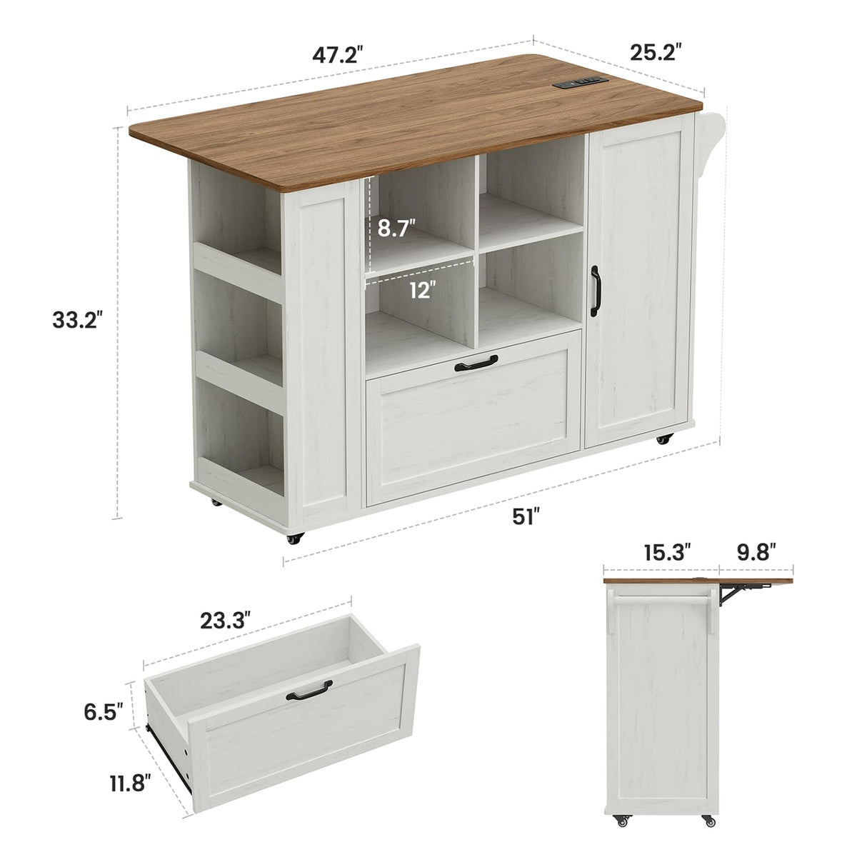 72" Rolling Kitchen Island with 360Â° Swivel Tabletop & Power Outlet,Mobile Kitchen Islands on Wheels with Storage,Farmhouse Wood Island Cart with Spice Rack,Rustic White