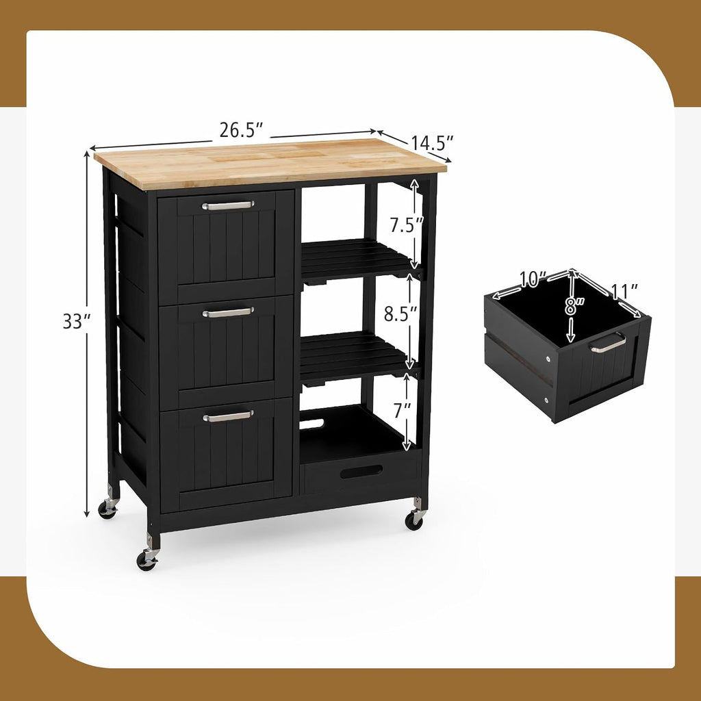 GOFLAME Kitchen Island Cart on Wheels with Storage, Versatile Rolling Cart with Wood Countertop, 3 Drawers, Removable Tray & Lockable Casters, Mobile Serving Trolley for Kitchen, Dining Room, Black
