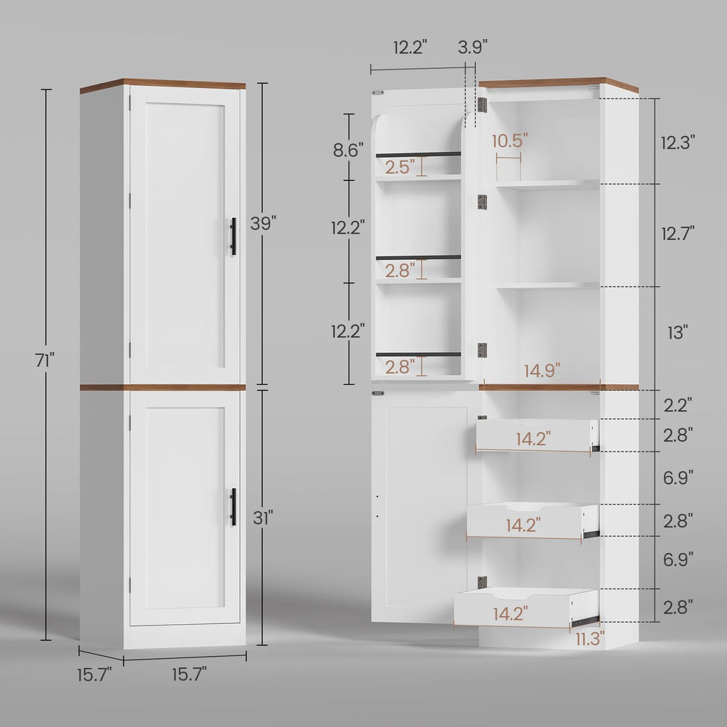 Itaar 71" Kitchen Pantry Cabinet with Charging Station and Led Light, Kitchen Storage Cabinets with Microwave Stand, 59" Wide Pantry Storage Cabinet with Storage Cart 3 Tier for Dining Room, White