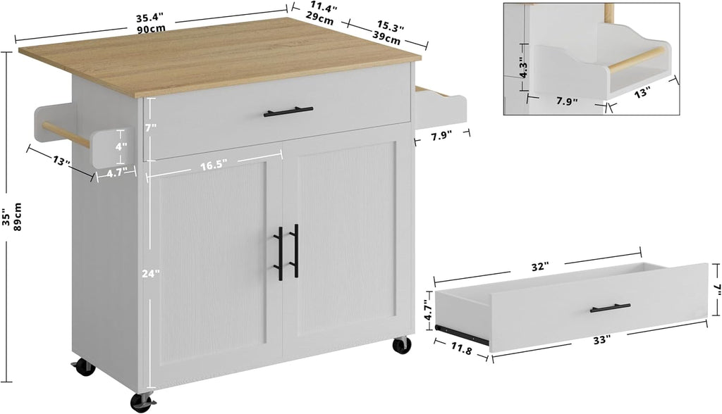 IRONCK Kitchen Island Table on Wheels with Drop Leaf, 47.25" Wide White