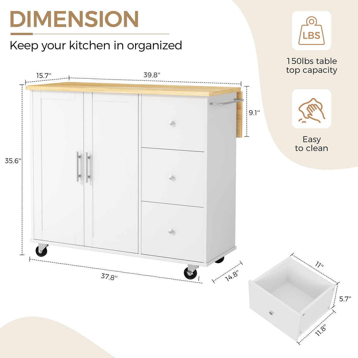 JY QAQA 40" Kitchen Island Cart Furniture cart on Wheels Rolling Portable Dining Room Serving Utility Carts Mobile Movable with Drawers Cabinet,Black